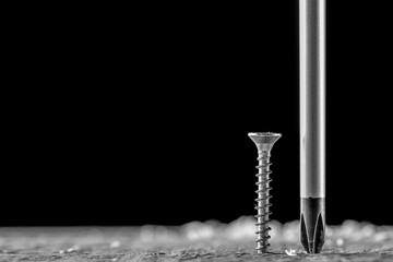 The screw and screwdriver close up on black background. Joinery and construction work. Monochrome photo. - obrazy, fototapety, plakaty