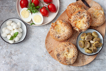 Plate with Burek, Cheese and Olives.Mediterranean style breakfast