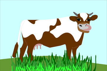 a brown cartoon cow with white spots on his body stands on a green lawn and licks his nose with his tongue