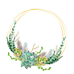 Golden frame with watercolor cactuses, leaves, and feathers. Watercolor golden geometric frame with succulents and flowers. Template for invitations, cards, weddings, logos, blogs.