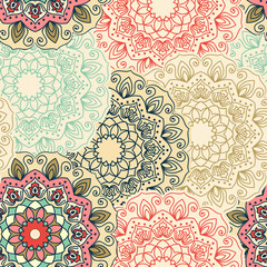 Seamless colorful patchwork tile with Islam, Arabic, Indian, ottoman motifs. Majolica pottery tile. Portuguese and Spain decor. Gaudi mosaic. Ceramic tile in talavera style. Vector illustration