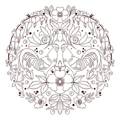 Folk style pattern. Outline. Symmetrical roosters, bellflower, rose hip, bleeding heart and leaves