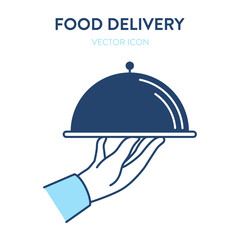 Fototapeta premium Metal platter icon. Vector concept illustration of a closed stainless steel plate of food in a waiters hand. Represents a concept of serving food, eating in a restaurant, haute cuisine