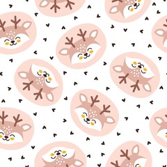 Seamless pattern with cute deer heads and hearts