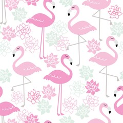 Vintage seamless tropical pattern with flamingo in retro colors. Hand drawn. Vector illustration  for ceramic tile, wallpaper, textile, invitation, greeting card, web page background
