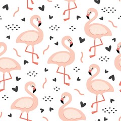 Seamless pattern with flamingo birds, hearts and geometric shapes