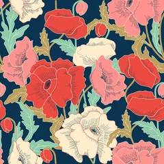 Stickers pour porte Coquelicots Motif floral coloré sans couture dans un style folklorique avec des fleurs, des feuilles. Dessiné à la main. Illustration vectorielle.