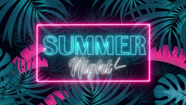 Summer night text inside the rectangle frame appears in the tropical forest background with neon glowing effects