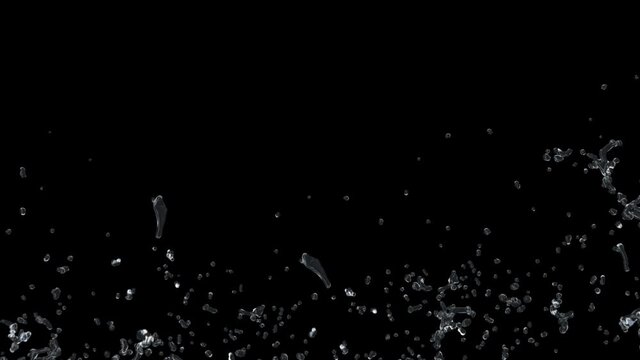 Water Splash Transition on black background with alpha mask. 3d illustration. Macro Camera.