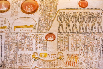 Ancient burial chambers for Pharaohs with hieroglyphics at the valley of the kings, Luxor, Egypt. 