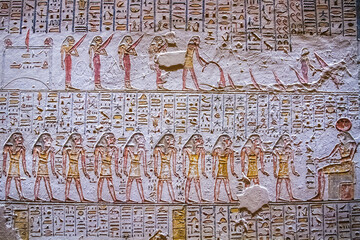 Ancient burial chambers for Pharaohs with hieroglyphics at the valley of the kings, Luxor, Egypt. 