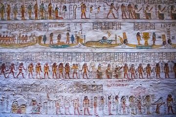 Ancient burial chambers for Pharaohs with hieroglyphics at the valley of the kings, Luxor, Egypt. 