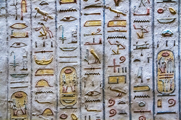 Ancient burial chambers for Pharaohs with hieroglyphics at the valley of the kings, Luxor, Egypt. 