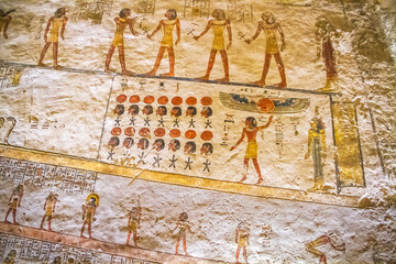 Ancient burial chambers for Pharaohs with hieroglyphics at the valley of the kings, Luxor, Egypt. 