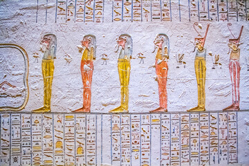 Ancient burial chambers for Pharaohs with hieroglyphics at the valley of the kings, Luxor, Egypt. 