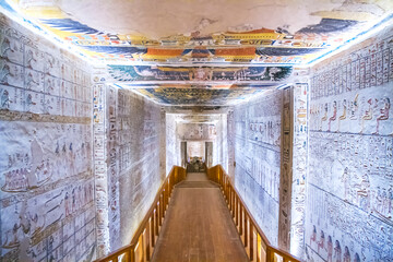 Ancient burial chambers for Pharaohs with hieroglyphics at the valley of the kings, Luxor, Egypt. 