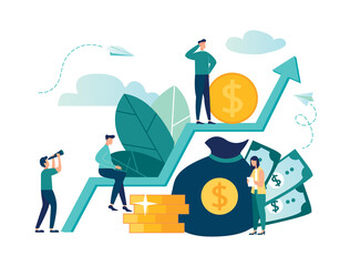 Vector illustration on white background. business brings a successful team, moving up, investing money in creative projects