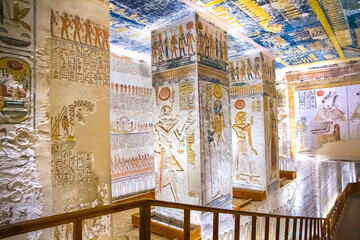 Fototapeta na wymiar Ancient burial chambers for Pharaohs with hieroglyphics at the valley of the kings, Luxor, Egypt. 