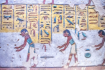 Ancient burial chambers for Pharaohs with hieroglyphics at the valley of the kings, Luxor, Egypt. 