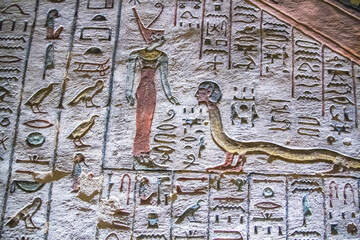 Ancient burial chambers with Egyptian hieroglyphics at the valley of the kings, Luxor, Egypt.