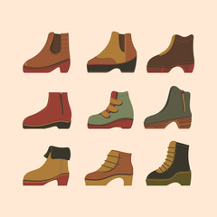 Vector illustration of female fall and winter shoes boots set
