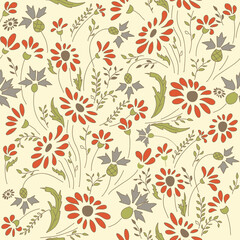 Seamless colorful floral pattern in folk style with flowers, leaves. Hand drawn. Vector illustration.