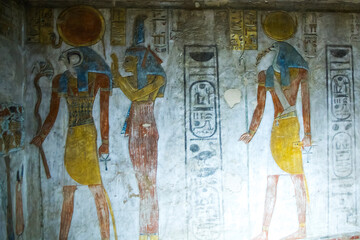 Ancient burial chambers with Egyptian hieroglyphics at the valley of the kings, Luxor, Egypt.