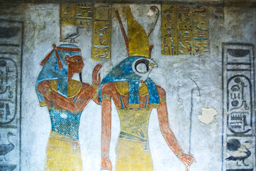 Ancient burial chambers with Egyptian hieroglyphics at the valley of the kings, Luxor, Egypt.