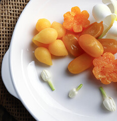 Thai dessert, Pinched gold egg yolk, Golden drop, Golden thread, all are made from egg and sugar.