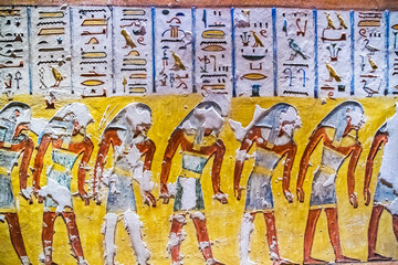 Ancient burial chambers with Egyptian hieroglyphics at the valley of the kings, Luxor, Egypt.