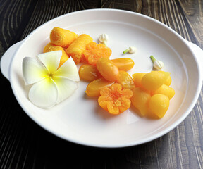 Thai dessert, Pinched gold egg yolk, Golden drop, Golden thread, all are made from egg and sugar.