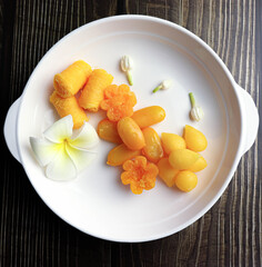 Thai dessert, Pinched gold egg yolk, Golden drop, Golden thread, all are made from egg and sugar.