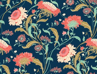 Seamless floral pattern in folk style with wildflowers, leaves. Hand drawn. Vector illustration - 355522276