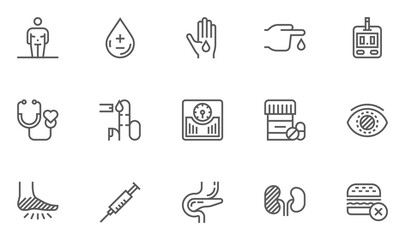 Diabetes and Blood Sugar Measurement Line Icons Set. Obesity, Healthy Diet, Blood Test. Editable Stroke. 48x48 Pixel Perfect.