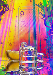 Obraz premium A beautiful and very colourful abstract graphic pic of a tall glass with ice in it and a sprig of lemon next to it
