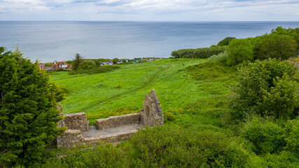 Aerial view of Raheen-a-Cluig medieval church in Bray, County Wicklow, Ireland