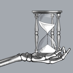 Engraved drawing of skeleton hand with a retro hourglass - obrazy, fototapety, plakaty