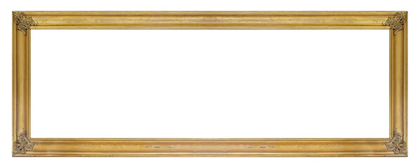 Panoramic golden frame for paintings, mirrors or photo isolated on white background