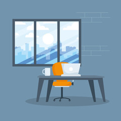 Desk with laptop and coffee mug in front of window vector design