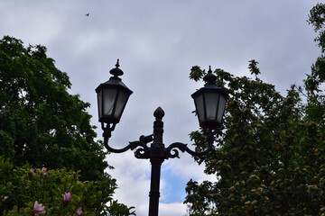 Stare latarnie na tle pochmurnego nieba wśród zielonych drzew. - obrazy, fototapety, plakaty