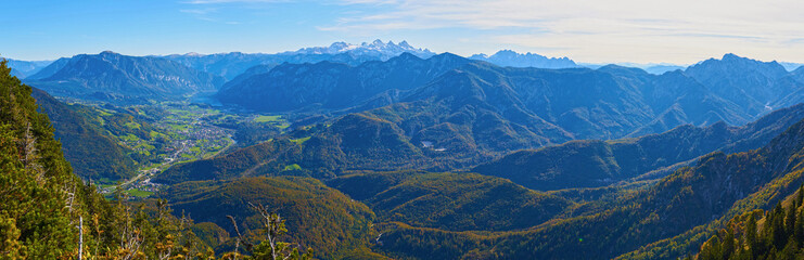 Beautiful landscape of the Austrian Alps with a village in the background.