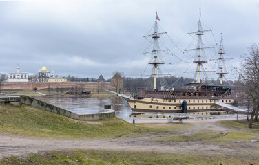 View from the walking bridge on a sailboat installed in Novgorod.