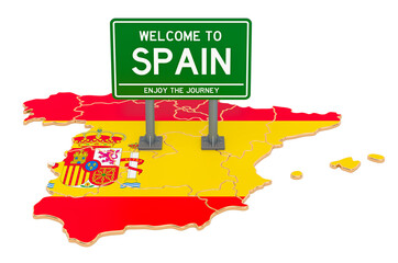 Billboard Welcome to Spain on Spanish map, 3D rendering