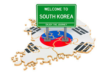 Billboard Welcome to South Korea on South Korean map, 3D rendering