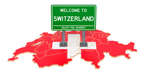 Billboard Welcome to Switzerland on Swiss map, 3D rendering