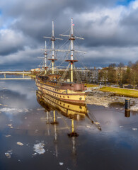 View from the walking bridge on a sailboat installed in Novgorod.