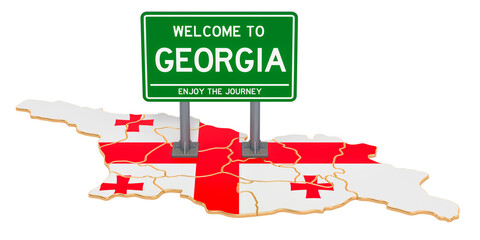 Billboard Welcome to Georgia on Georgian map, 3D rendering - obrazy, fototapety, plakaty