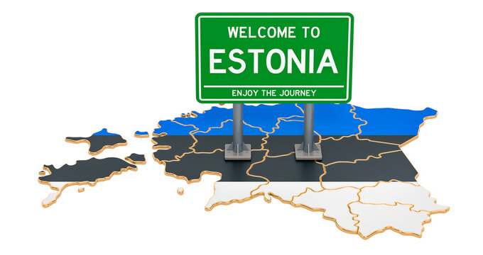 Billboard Welcome to Estonia on Estonian map, 3D rendering
