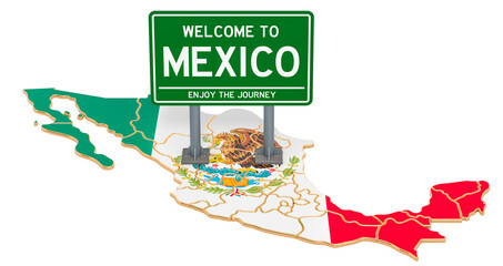 Billboard Welcome to Mexico on Mexican map, 3D rendering © alexlmx
