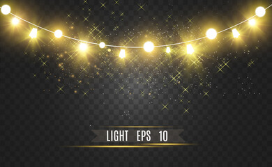 Christmas bright, beautiful lights, design elements. Glowing lights for design of Xmas greeting cards. Garlands, light Christmas decorations.